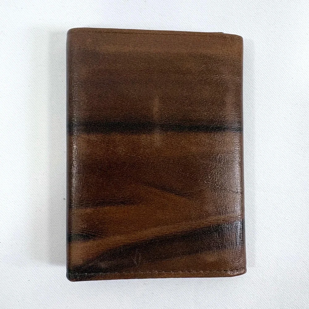 Amity Trifold Wallet Brown Cowhide Leather Striped Patina Herringbone Lining VTG